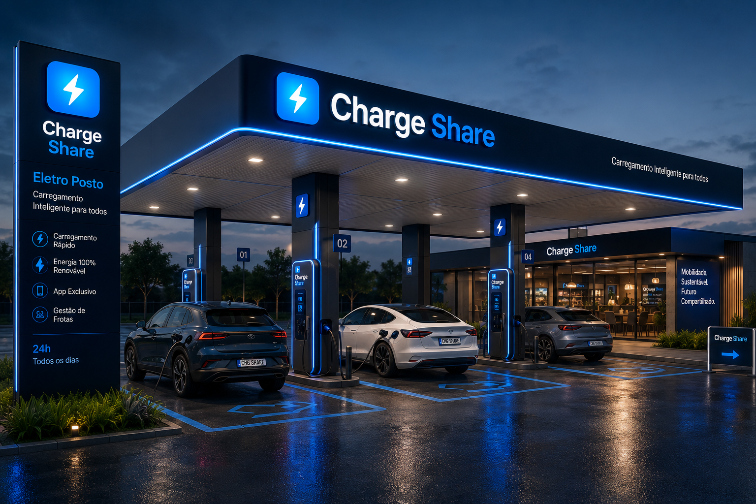 Eletroposto ChargeShare — estação de recarga premium com toldo, carregadores DC e loja integrada